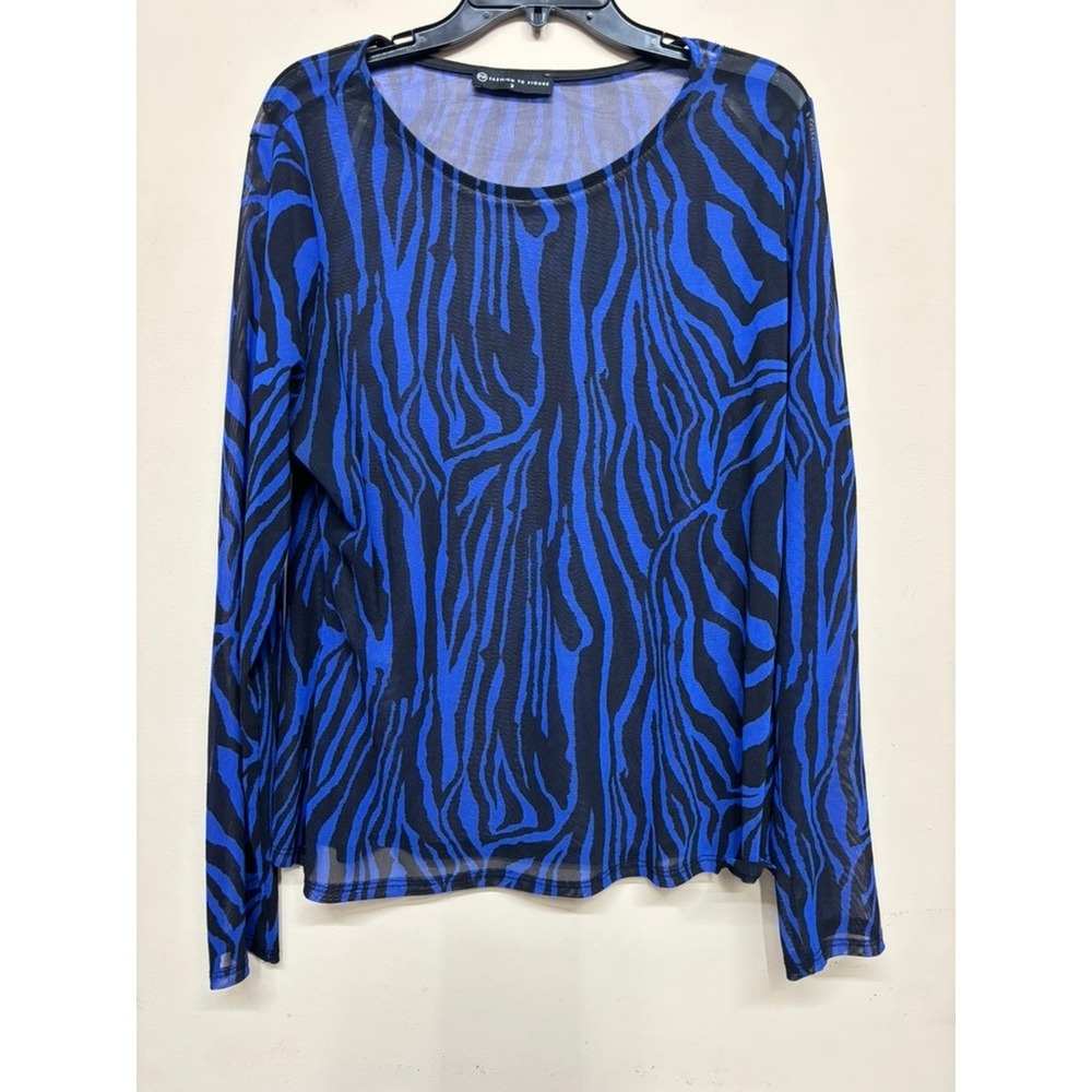 Fashion to Figure Blue Black Zebra Animal Print Sheer Long Sleeve Top‎ Size 2 2x
